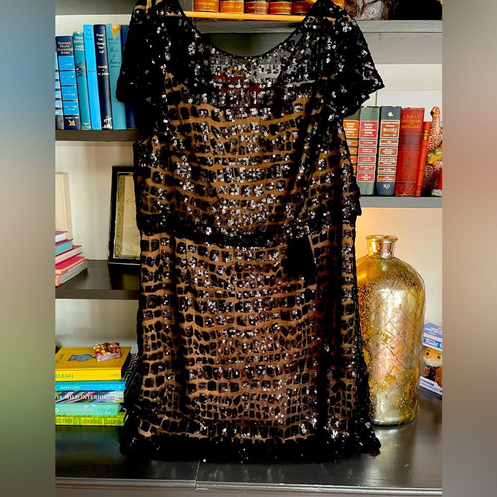PHOEBE COUTURE A-Line Little Black Sequin Dress Size 20 Cap Sleeve